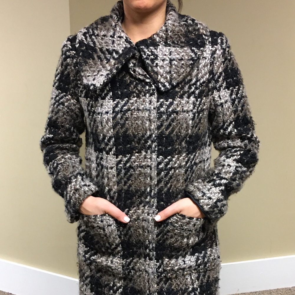 Brown, black, cream large lapel coat